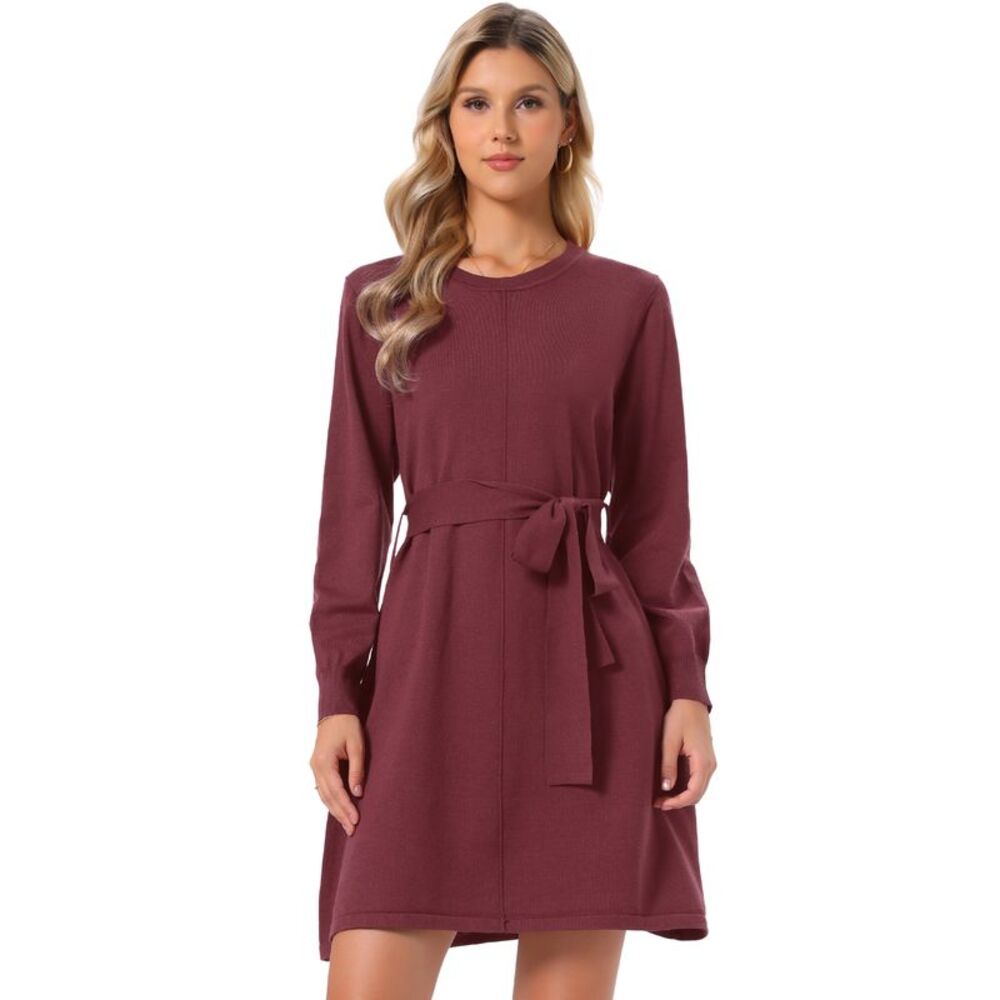 Women's Long Sleeve Mini Dress with Belt Knit Sweater Dresses Burgundy